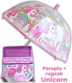 Kids Licensing Paraplu Unicorn + Rugzak Meisjes | Doorzichtige Koepelparaplu Ø70cm Kind | Eenhoorn Gymtas US01 -Regenjas En Paraplu 1034x1200