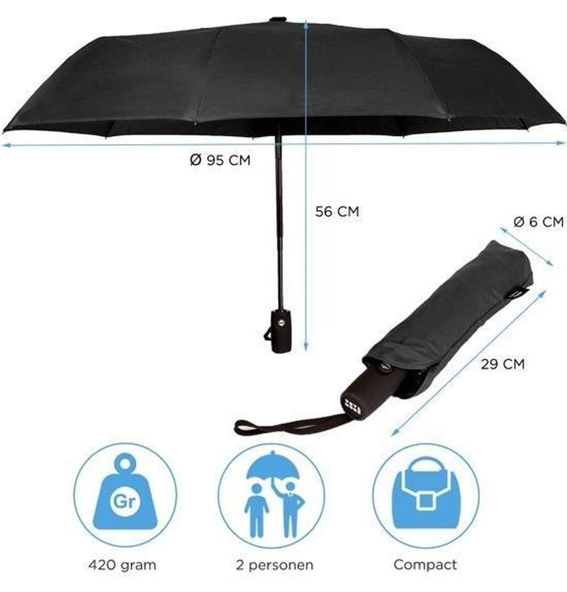 Automatische Stormparaplu - Paraplu – Opvouwbaar & Windproof tot 100km p/u - Ø 95 cm - Zwart Merkloos Automatische Stormparaplu - Paraplu – Opvouwbaar & Windproof Tot 100km P/u - Ø 95 Cm - Zwart -Regenjas En Paraplu