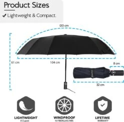 Beefree Automatische MONSTER Stormparaplu Met 16 Panelen Ø 104 Cm - Zwart -Regenjas En Paraplu 1200x1186