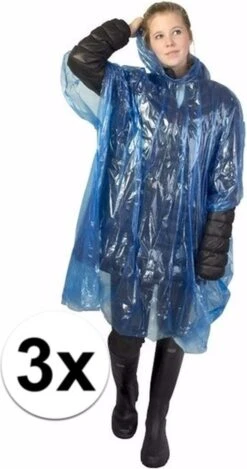 Merkloos 3x Wegwerp Regenponcho Blauw - Poncho -Regenjas En Paraplu 632x1200